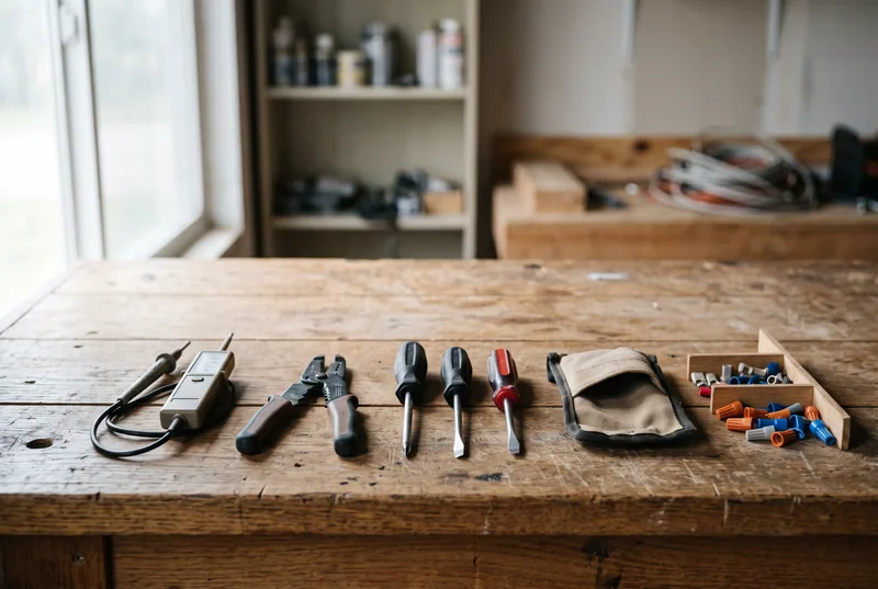 Electrician's tools on a workbench: voltage tester, wire strippers, screwdrivers and wire connectors