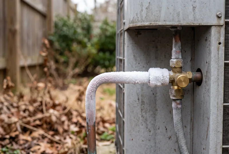 Frost on the refrigerant line and service valve of an outdoor air conditioning unit.